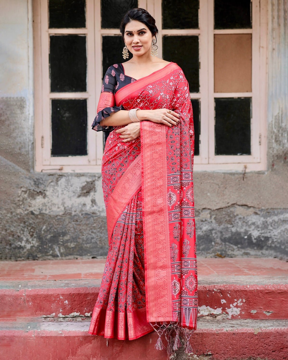 Fiery Red Tussar Silk Saree with Ornamental Motifs and Detailed Zari Pallu DIGITAL PRINT