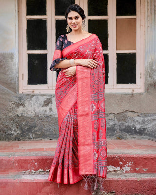 Fiery Red Tussar Silk Saree with Ornamental Motifs and Detailed Zari Pallu DIGITAL PRINT