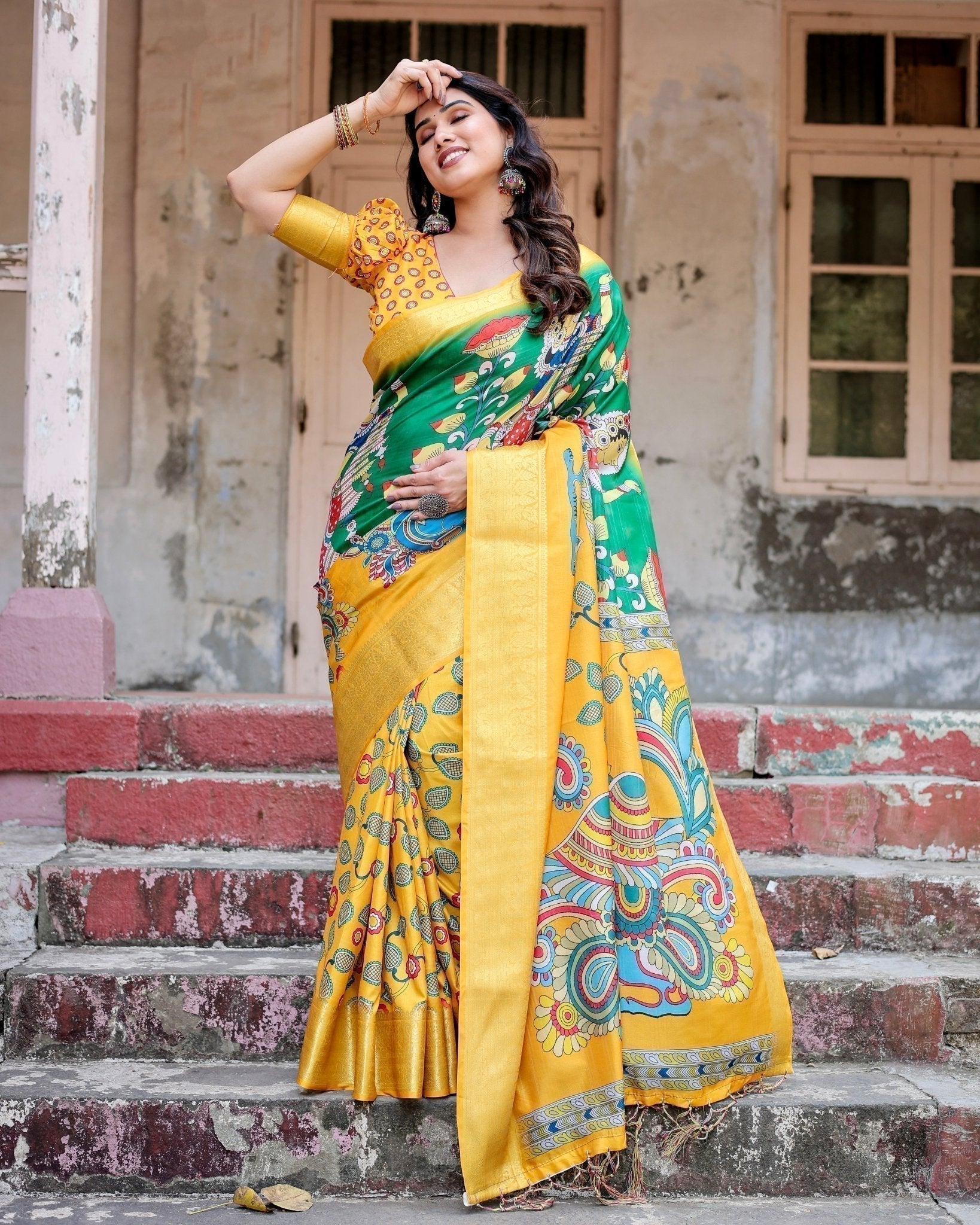 Golden Yellow Tussar Silk Saree with Vibrant Peacock Kalamkari Motifs Secondary image