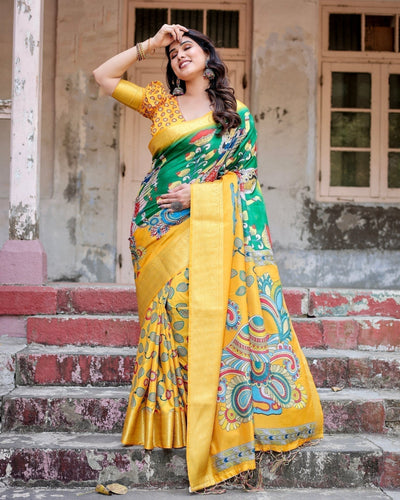 Golden Yellow Tussar Silk Saree with Vibrant Peacock Kalamkari Motifs DIGITAL PRINT
