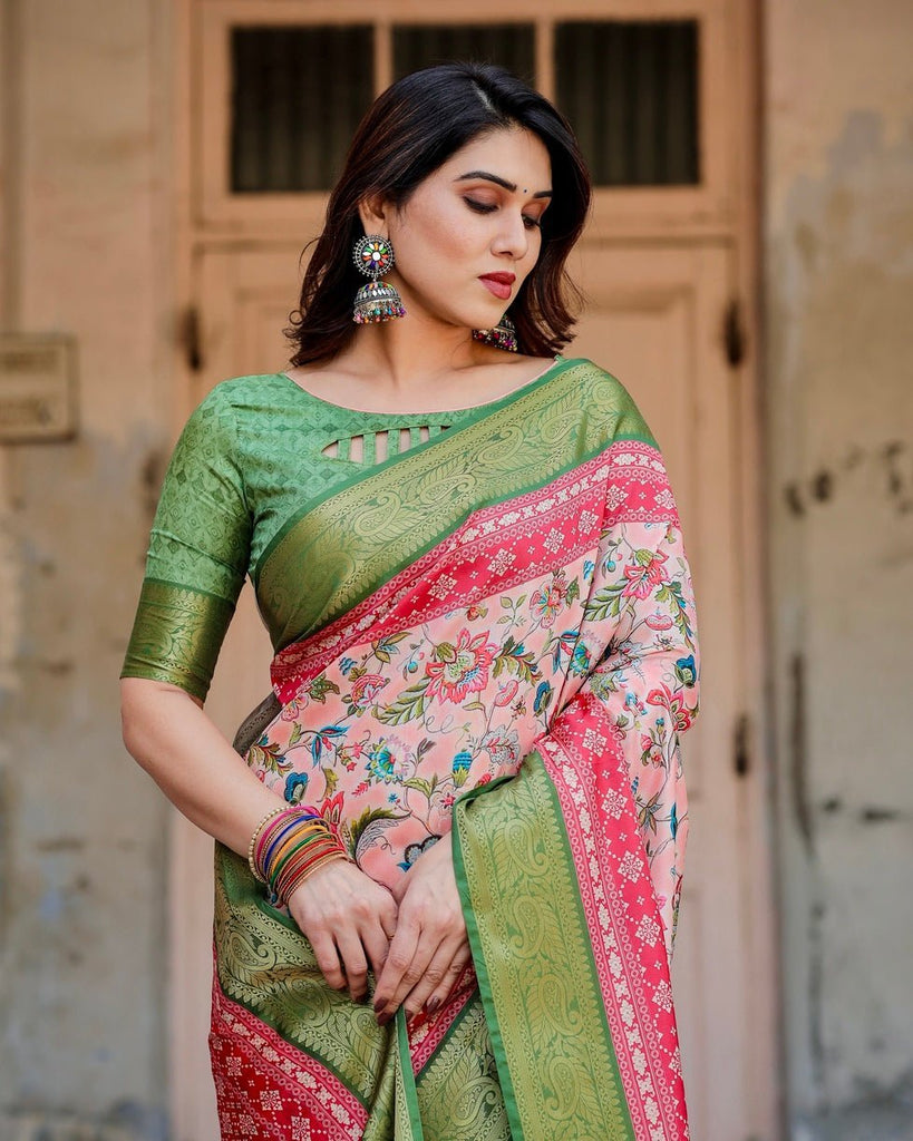 Blush Pink and Green Tussar Silk Saree with Floral Prints and Intricate Zari Work DIGITAL PRINT