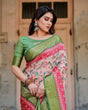 Load image into Gallery viewer, Blush Pink and Green Tussar Silk Saree with Floral Prints and Intricate Zari Work DIGITAL PRINT