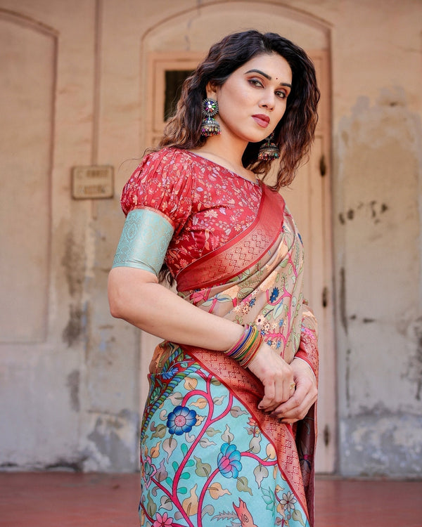 Beige Tussar Silk Saree with Vibrant Multicolor Floral Prints and Red Zari Border DIGITAL PRINT