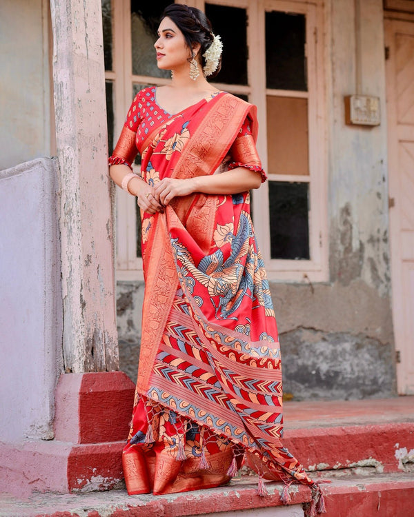 Vibrant Red Tussar Silk Saree with Bold Floral Motifs and Chevron Patterned Pallu DIGITAL PRINT