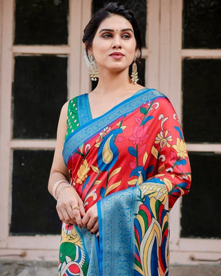 Multicolor Tussar Silk Saree with Vibrant Peacock and Floral Motifs DIGITAL PRINT