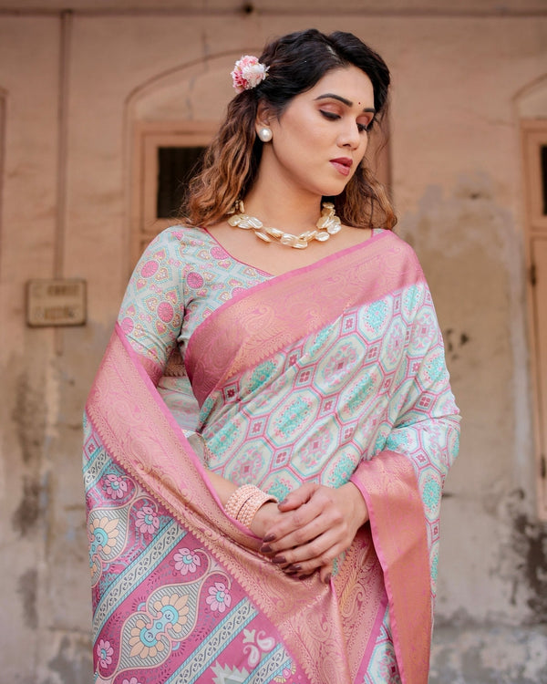 Pastel Pink and Mint Green Geometric Tussar Silk Saree with Zari Paisley Border DIGITAL PRINT