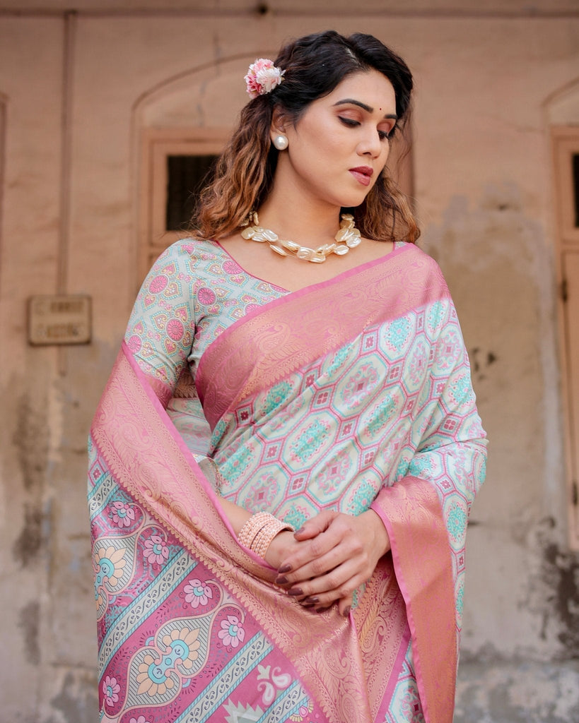 Pastel Pink and Mint Green Geometric Tussar Silk Saree with Zari Paisley Border DIGITAL PRINT