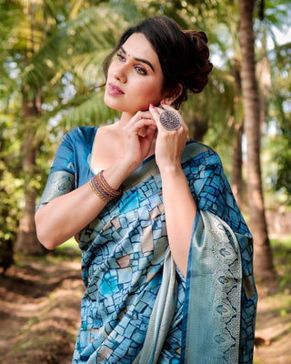 Mesmerizing Blue Tussar Silk Saree with Golden Zari Border and Mosaic-Inspired Pallu Design DIGITAL PRINT