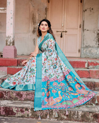 Sky Blue Tussar Silk Saree with Multicolor Floral Design and Zari Paisley Border DIGITAL PRINT