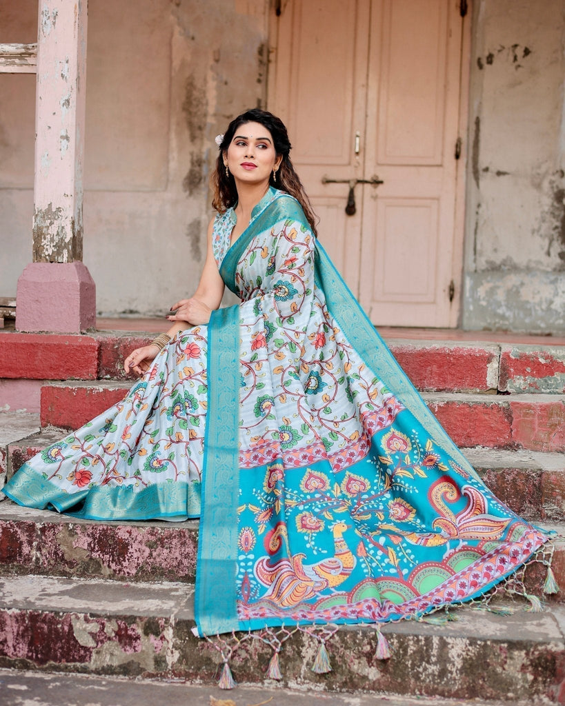Sky Blue Tussar Silk Saree with Multicolor Floral Design and Zari Paisley Border DIGITAL PRINT