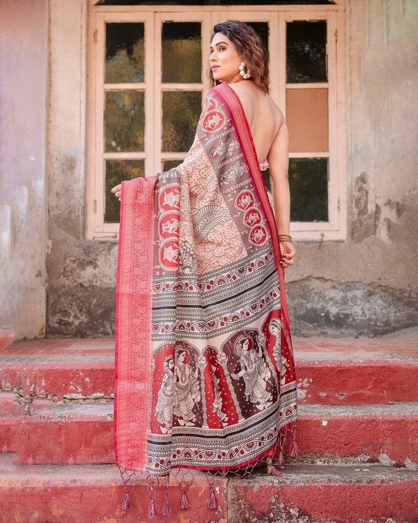 Beige and Red Tussar Silk Saree with Traditional Motifs and Ornamental Zari Border DIGITAL PRINT