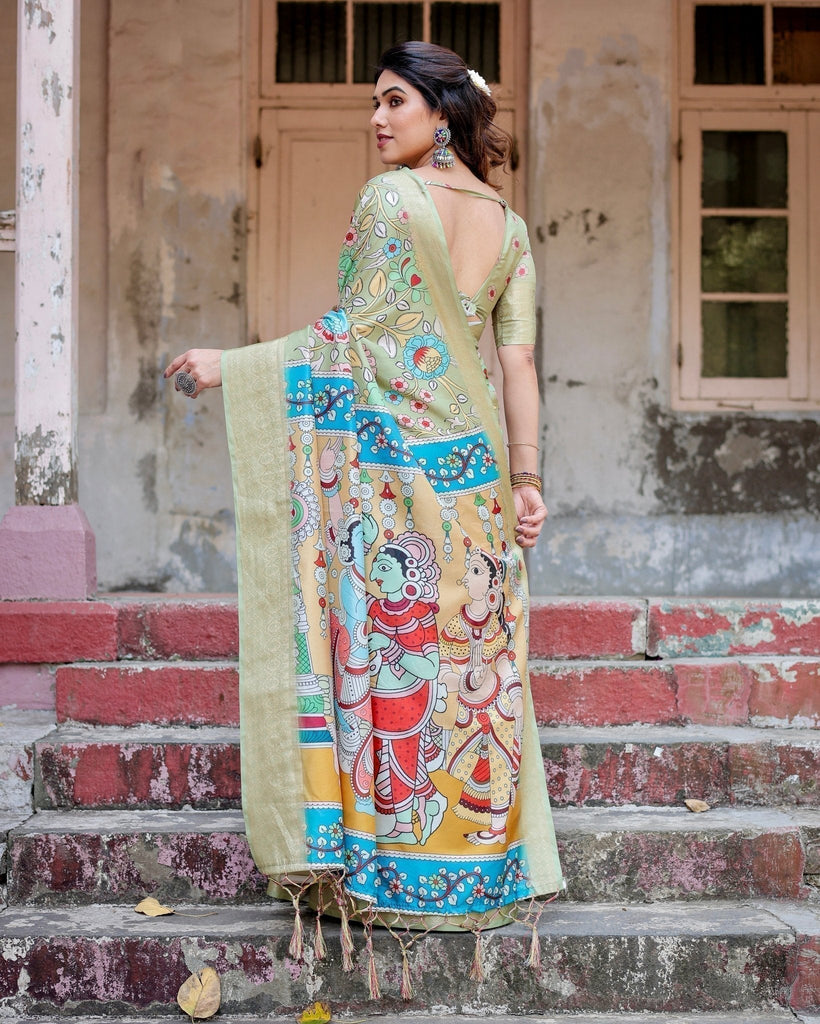 Pastel Green Tussar Silk Saree with Mythological Kalamkari Pallu and Zari Border DIGITAL PRINT