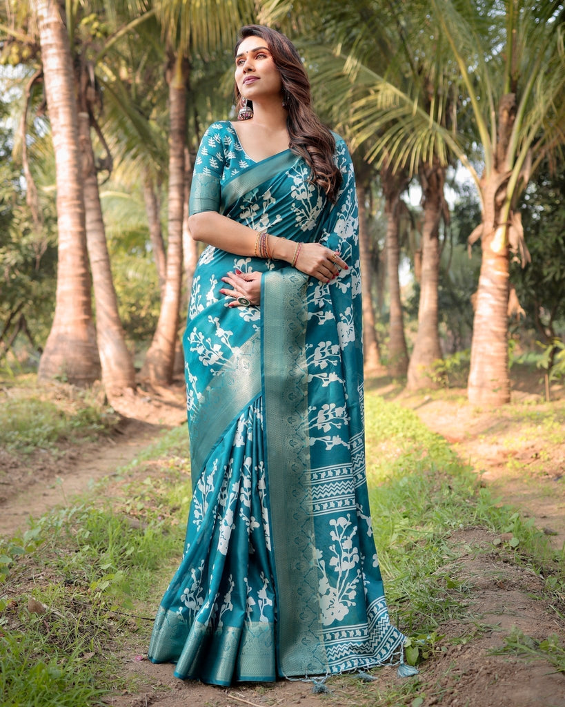 Teal Blue Tussar Silk Saree with White Floral Design, Gold Zari Border & Tassel Pallu DIGITAL PRINT