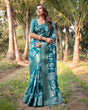 Load image into Gallery viewer, Teal Blue Tussar Silk Saree with White Floral Design, Gold Zari Border &amp; Tassel Pallu DIGITAL PRINT