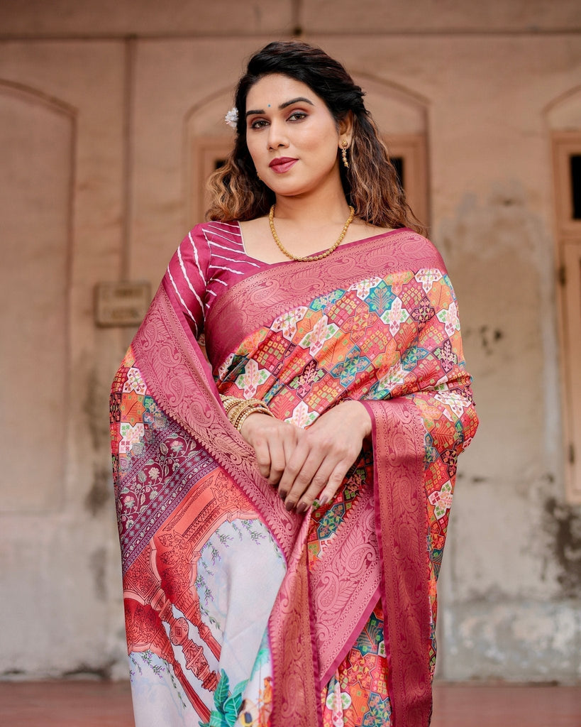 Maroon Tussar Silk Saree with Vibrant Geometric Tile Print and Zari Paisley Border DIGITAL PRINT