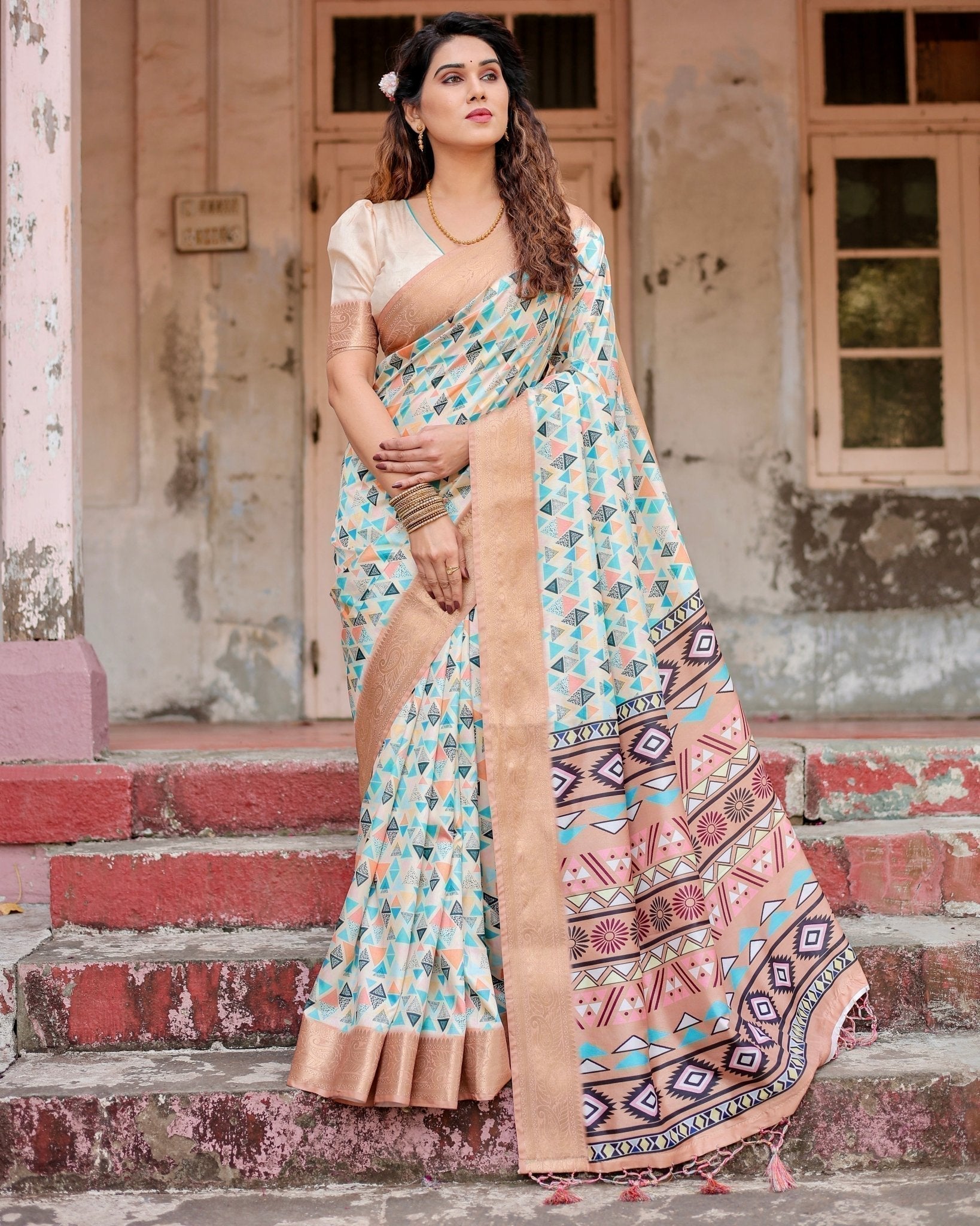 Contemporary Beige Tussar Silk Saree with Geometric Triangle Print and Golden Zari Border Secondary image