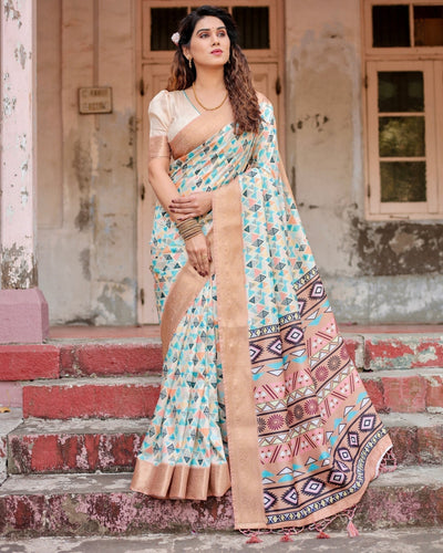 Contemporary Beige Tussar Silk Saree with Geometric Triangle Print and Golden Zari Border DIGITAL PRINT