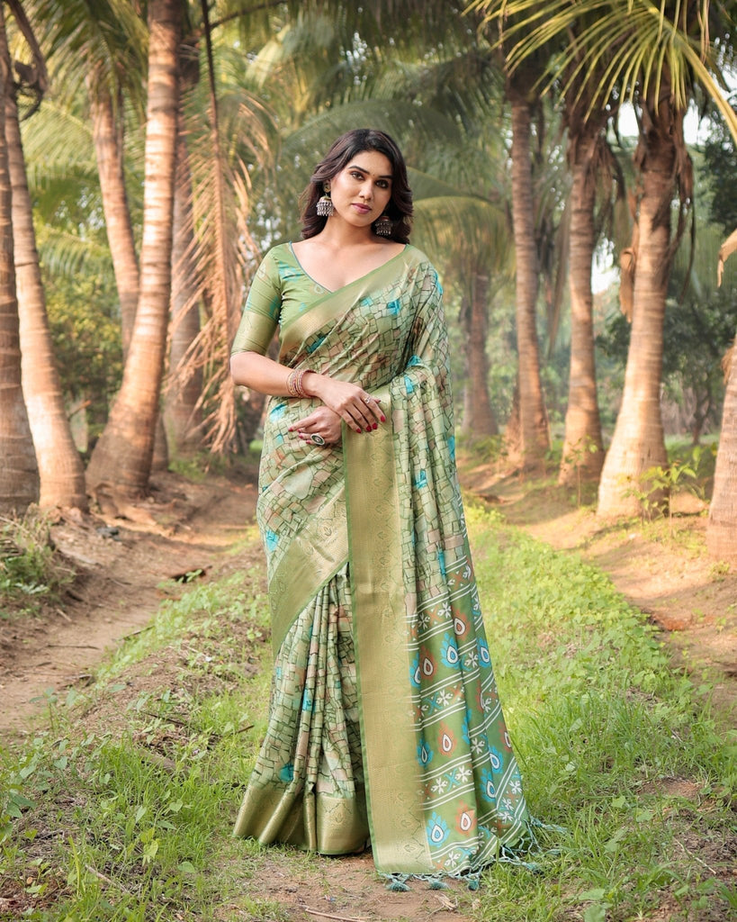 Elegant Light Green Tussar Silk Saree with Zari Motif Border and Contemporary Checkered Pallu Design DIGITAL PRINT