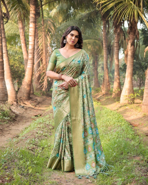 Elegant Light Green Tussar Silk Saree with Zari Motif Border and Contemporary Checkered Pallu Design DIGITAL PRINT Main image
