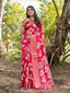 Graceful Red Tussar Silk Saree with White Floral Design and Zari Border DIGITAL PRINT