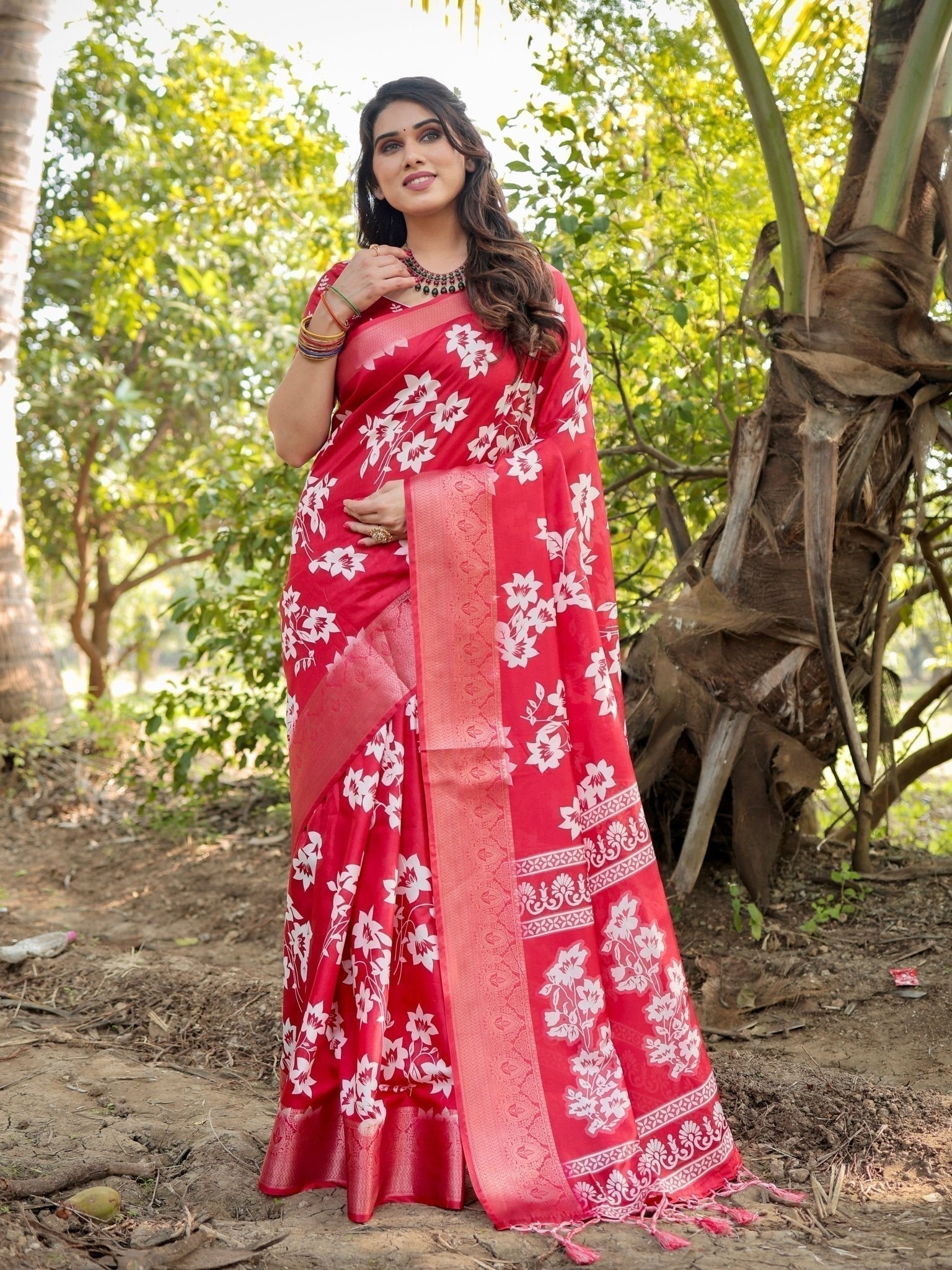 Graceful Red Tussar Silk Saree with White Floral Design and Zari Border DIGITAL PRINT Main image