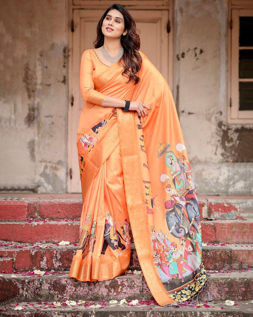 Sunset Orange Tussar Silk Saree with Royal Procession Pallu and Zari Border DIGITAL PRINT