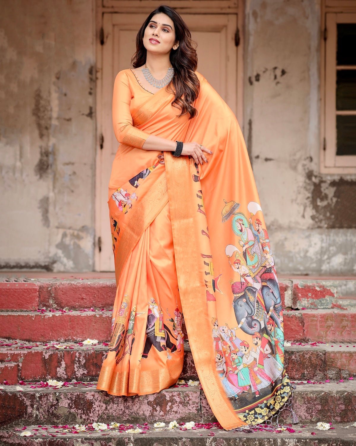 Sunset Orange Tussar Silk Saree with Royal Procession Pallu and Zari Border DIGITAL PRINT Main image