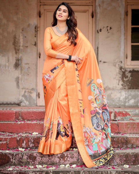 Sunset Orange Tussar Silk Saree with Royal Procession Pallu and Zari Border DIGITAL PRINT Main image