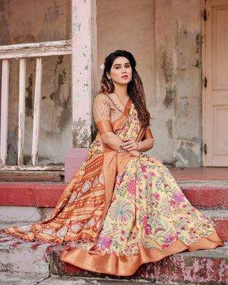 Golden Beige Tussar Silk Saree with Floral Paradise Print and Ornate Zari Border DIGITAL PRINT