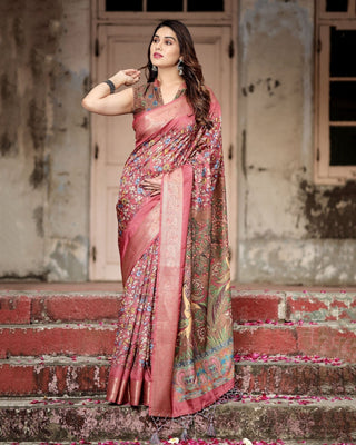 Rich Maroon Digital Print Saree with Antique Floral Design and Elegant Tassels DIGITAL PRINT