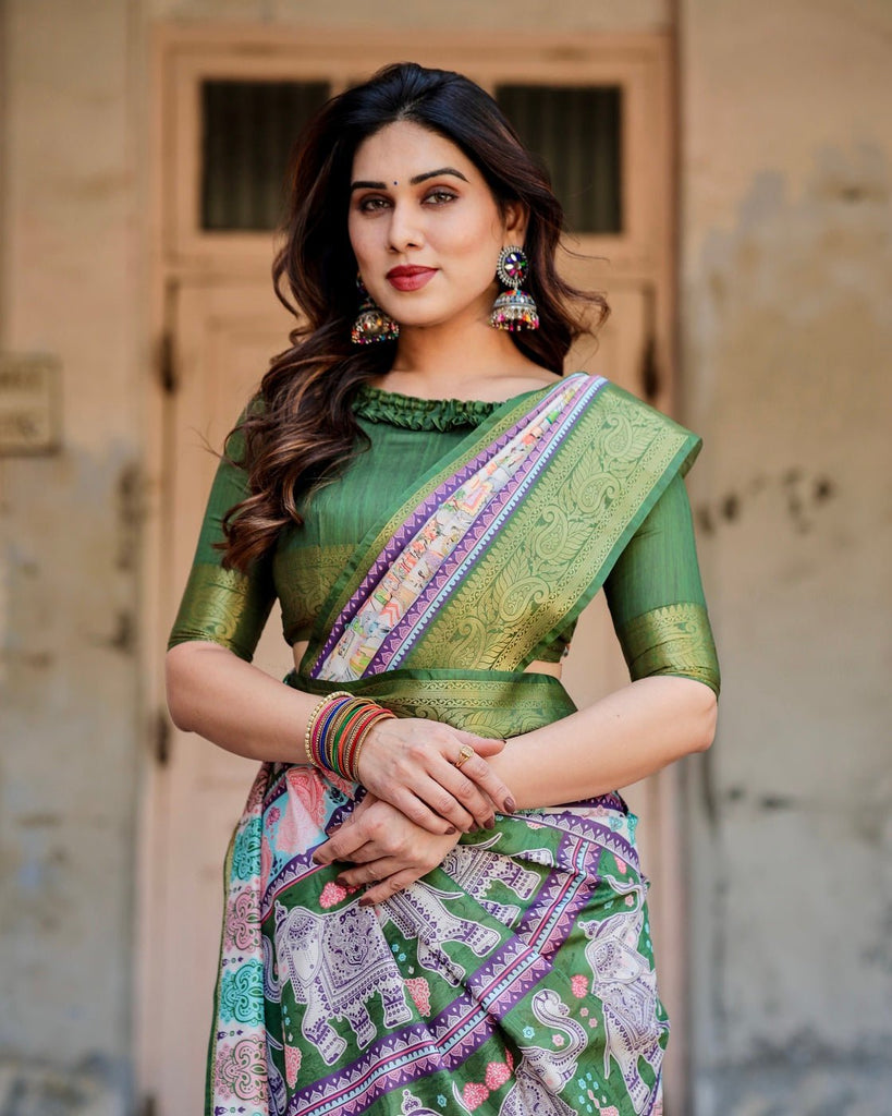 Ivory and Green Tussar Silk Saree with Elephant Motifs and Intricate Zari Border DIGITAL PRINT