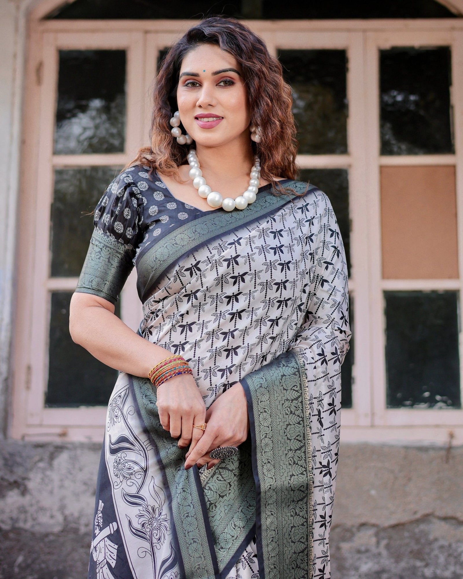 Monochrome White and Black Tussar Silk Saree with Tribal Art Motifs and Zari Border DIGITAL PRINT