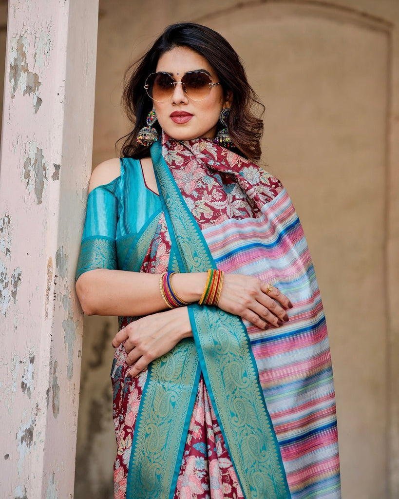 Maroon and Teal Tussar Silk Saree with Floral Zari Weave and Striped Pallu DIGITAL PRINT