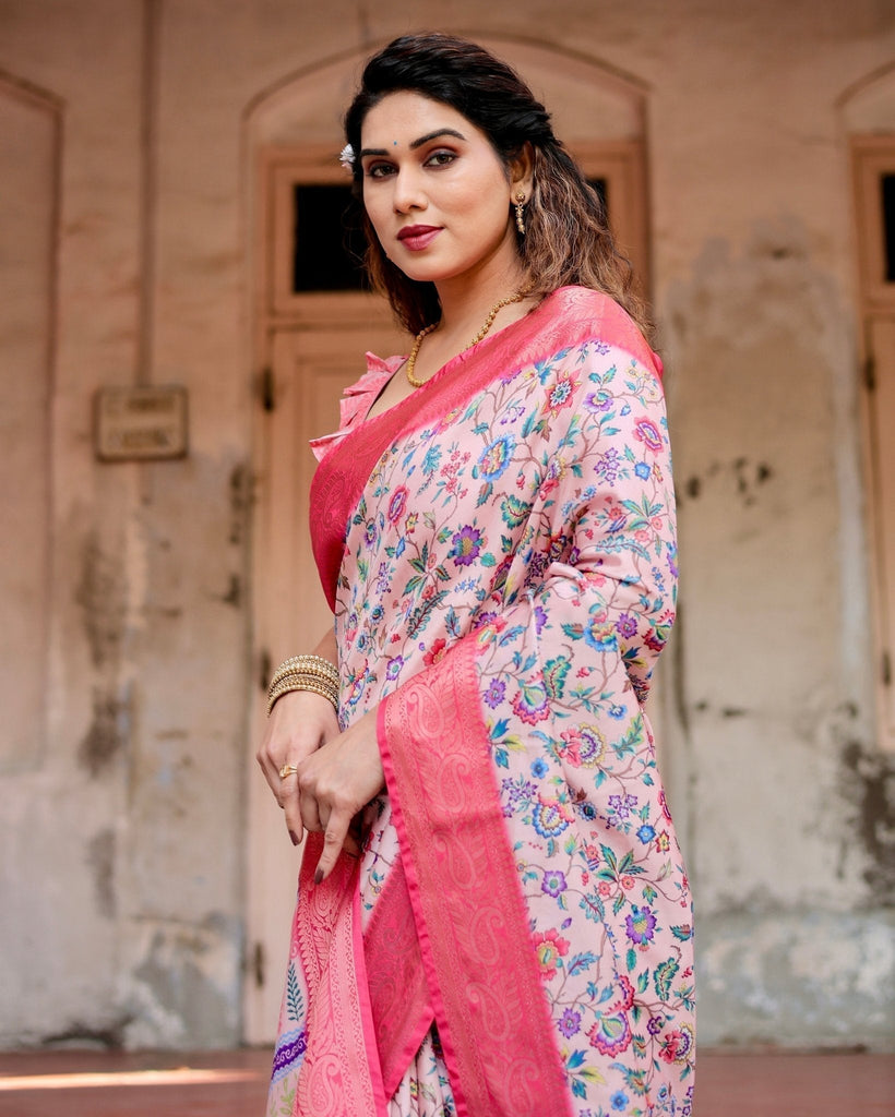 Blush Pink Tussar Silk Saree with Multicolor Floral Design and Zari Paisley Border DIGITAL PRINT