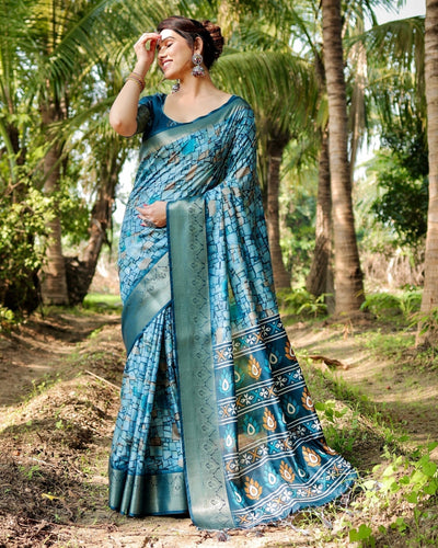 Mesmerizing Blue Tussar Silk Saree with Golden Zari Border and Mosaic-Inspired Pallu Design DIGITAL PRINT