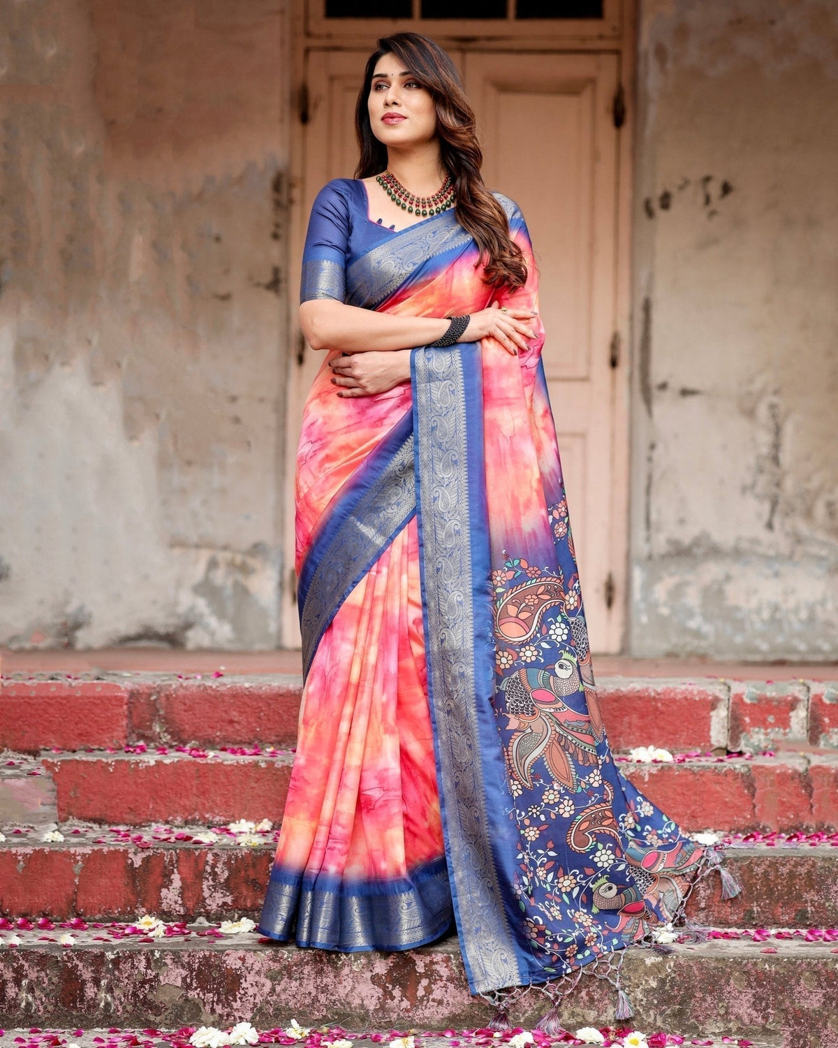 Pink and Blue Digital Printed Saree with Peacock Motif and Tassel Detail DIGITAL PRINT Main image