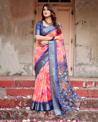 Pink and Blue Digital Printed Saree with Peacock Motif and Tassel Detail DIGITAL PRINT