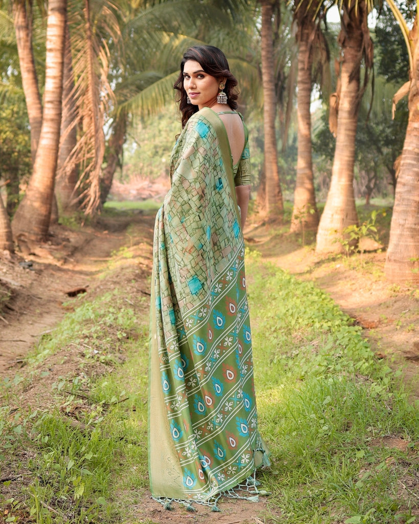 Elegant Light Green Tussar Silk Saree with Zari Motif Border and Contemporary Checkered Pallu Design DIGITAL PRINT