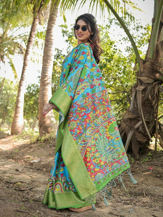 Vibrant Peacock Motif Blue and Green Tussar Silk Saree with Zari Border DIGITAL PRINT