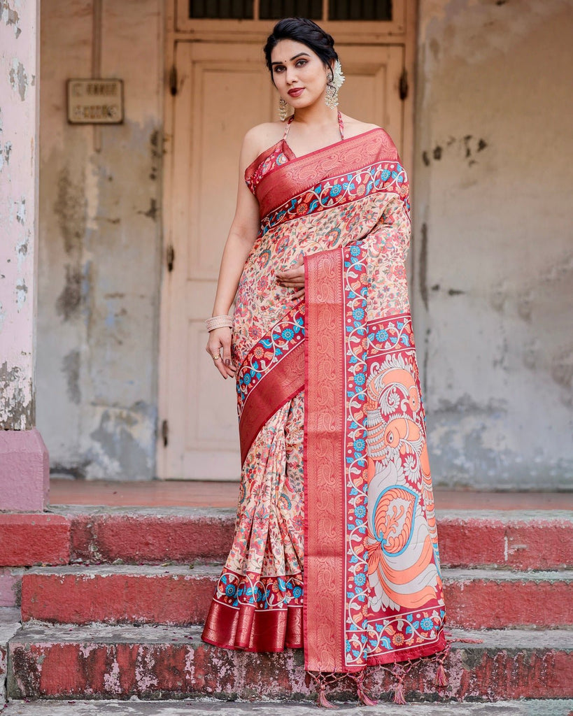 Beige and Coral Tussar Silk Saree with Intricate Floral Prints and Artistic Pallu DIGITAL PRINT