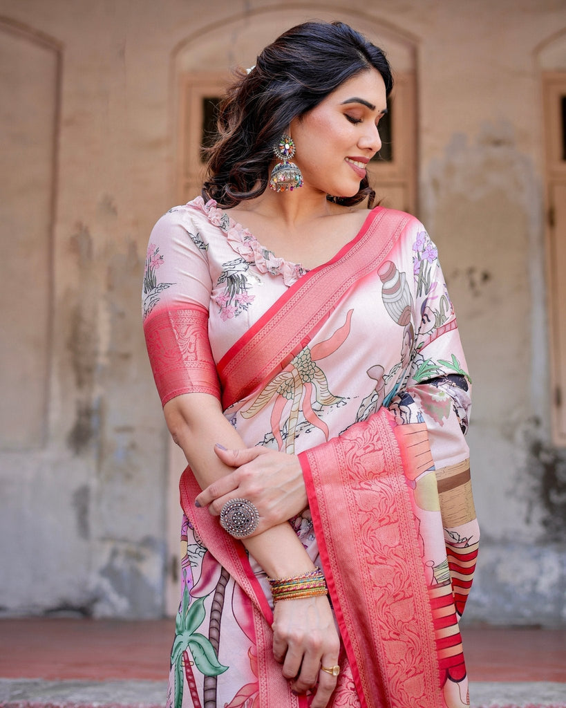 Blush Pink Digital Print Tussar Silk Saree with Vibrant Storyline Art DIGITAL PRINT