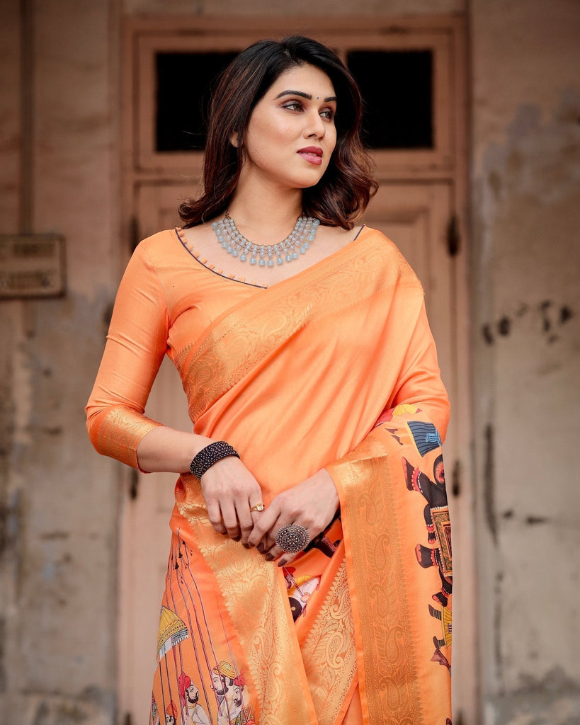 Sunset Orange Tussar Silk Saree with Royal Procession Pallu and Zari Border DIGITAL PRINT