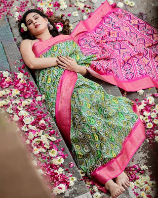 Green and Pink Tussar Silk Saree with Vibrant Ikat Patterns and Zari Border DIGITAL PRINT