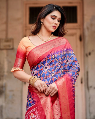 Royal Blue and Red Tussar Silk Saree with Geometric Patterns and Ornate Zari Border DIGITAL PRINT