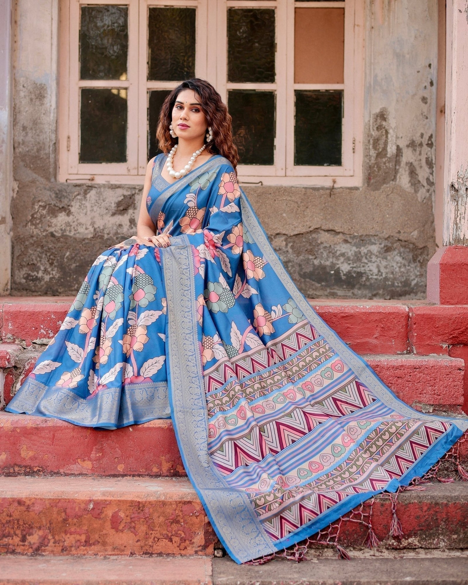 Sky Blue Tussar Silk Saree with Bold Floral Motifs and Chevron Pallu Design DIGITAL PRINT