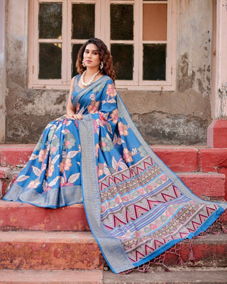 Sky Blue Tussar Silk Saree with Bold Floral Motifs and Chevron Pallu Design DIGITAL PRINT