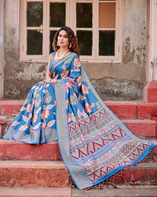 Sky Blue Tussar Silk Saree with Bold Floral Motifs and Chevron Pallu Design DIGITAL PRINT
