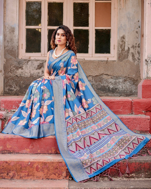 Sky Blue Tussar Silk Saree with Bold Floral Motifs and Chevron Pallu Design DIGITAL PRINT