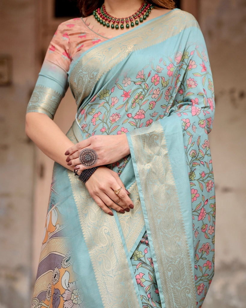 Sky Blue Tussar Silk Saree with Intricate Zari Border and Artistic Pallu Design DIGITAL PRINT