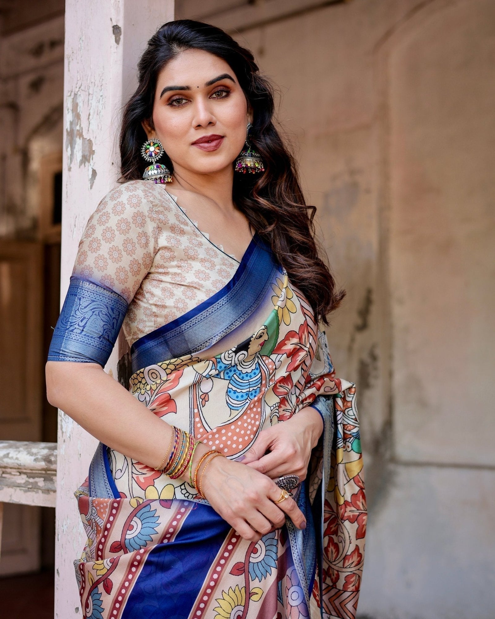 Multicolor Tussar Silk Saree with Artistic Floral Motifs and Traditional Blue Zari Border DIGITAL PRINT